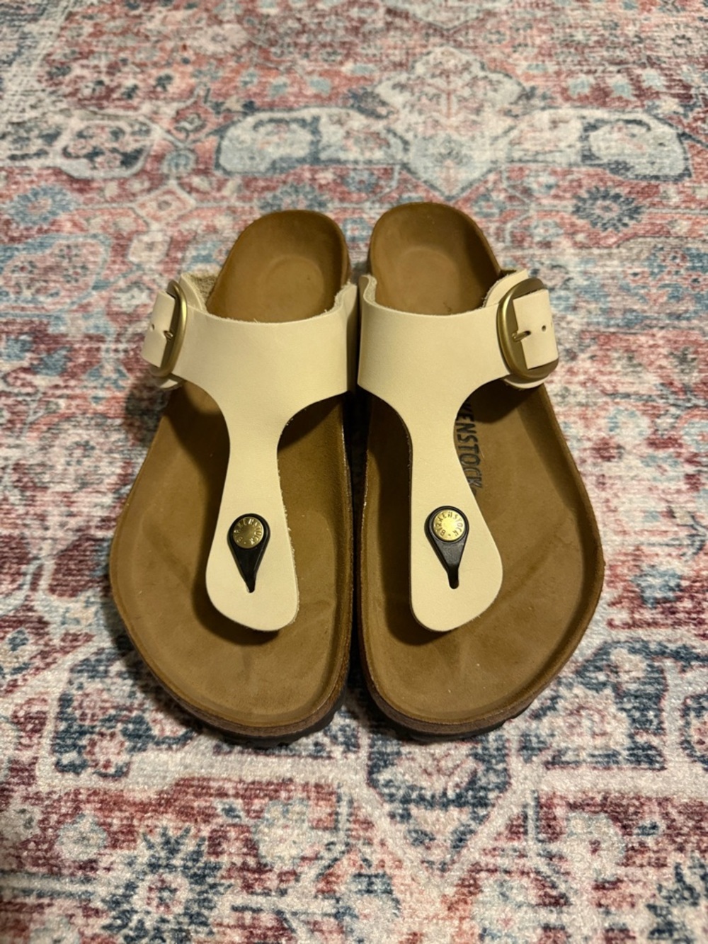 Birkenstock Cream Gizeh Toe-Post Sandals with Gold Buckle